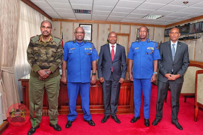 Interior Cabinet Secretary Kithure Kindiki flanked by police IG Japhet Koome, Deputy IG Edward Mbugua, Noor Gabow and DCI boss Amin Ibrahim