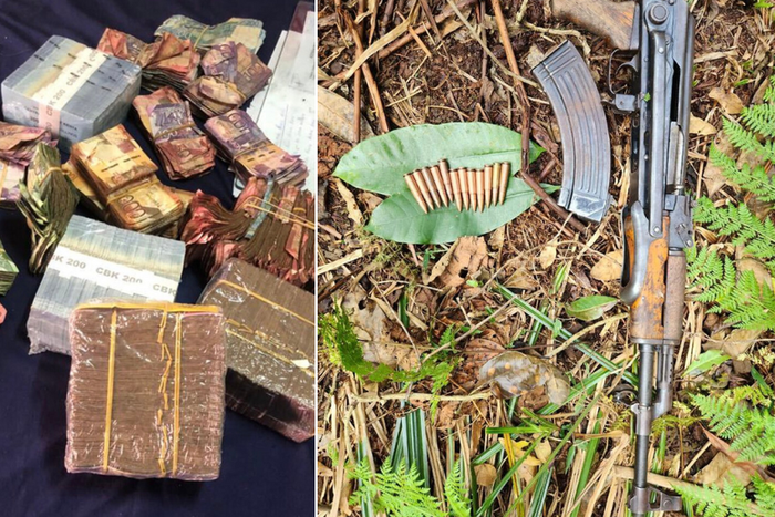 Riffle and bundle of cash that were recovered from armed robbers in Mugumo