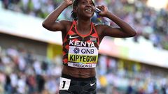 EUGENE, OREGON - JULY 18: Faith Kipyegon of Team Kenya reacts after competing in the Women's 1500m Final on day four of the World Athletics Championships Oregon22 at Hayward Field on July 18, 2022 in Eugene, Oregon. (Photo by Hannah Peters/Getty Images...