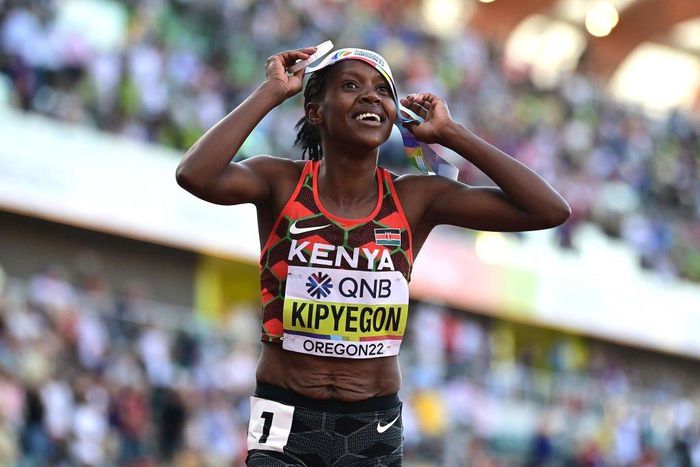 EUGENE, OREGON - JULY 18: Faith Kipyegon of Team Kenya reacts after competing in the Women's 1500m Final on day four of the World Athletics Championships Oregon22 at Hayward Field on July 18, 2022 in Eugene, Oregon. (Photo by Hannah Peters/Getty Images...