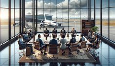 An illustration of a diverse group of African billionaires in a corporate boardroom, with an airport and a private jet visible in the background.