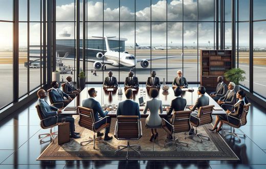 An illustration of a diverse group of African billionaires in a corporate boardroom, with an airport and a private jet visible in the background.