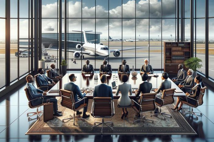 An illustration of a diverse group of African billionaires in a corporate boardroom, with an airport and a private jet visible in the background.