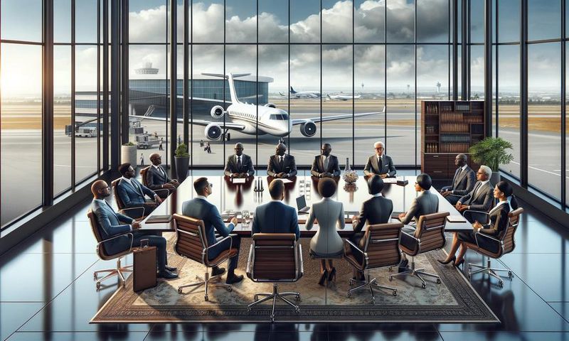 An illustration of a diverse group of African billionaires in a corporate boardroom, with an airport and a private jet visible in the background.