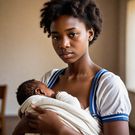 An AI-generated image of an African teenage mother carrying her baby (Source - hotpot.ai/art-generator)
