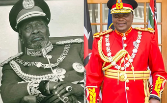 From left: Kenya's 1st President Mzee Jomo Kenyatta & his son Uhuru Kenyatta, the 3rd President of Kenyan ( Both wearing a military regalia)