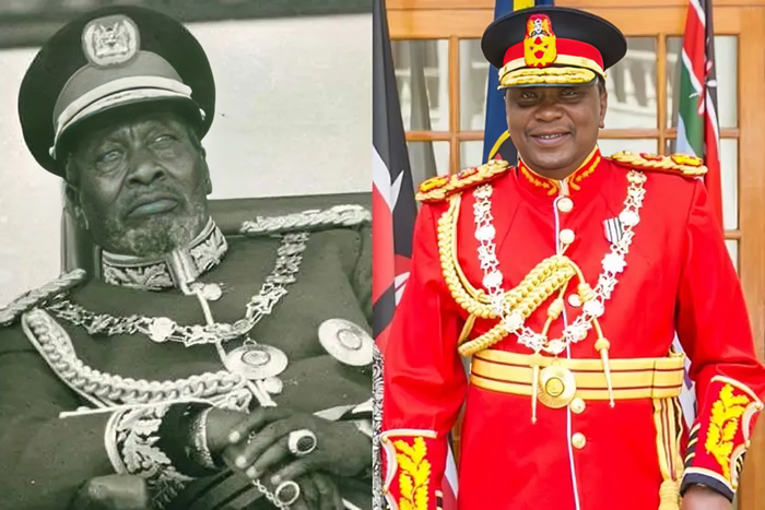 From left: Kenya's 1st President Mzee Jomo Kenyatta & his son Uhuru Kenyatta, the 3rd President of Kenyan ( Both wearing a military regalia)