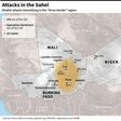 Map of Mali, Niger and Burkina Faso, locating the tri-border region where jihadist attacks have been intensifying