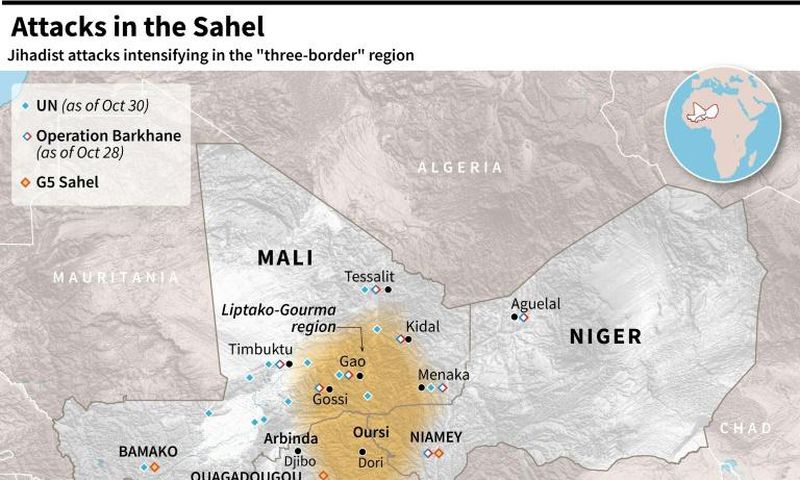 Map of Mali, Niger and Burkina Faso, locating the tri-border region where jihadist attacks have been intensifying