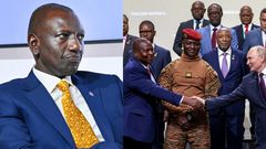 A collage of President William Ruto and Russian President Vladimir Putin alongside African leaders and delegates at the second Russia-Africa summit in Saint Petersburg.