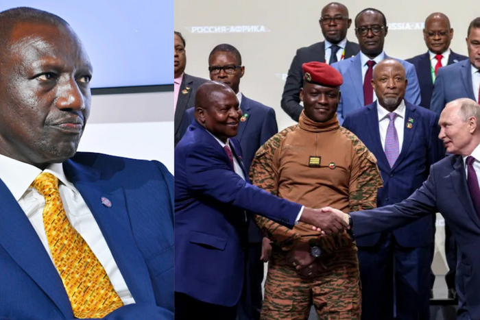 A collage of President William Ruto and Russian President Vladimir Putin alongside African leaders and delegates at the second Russia-Africa summit in Saint Petersburg.
