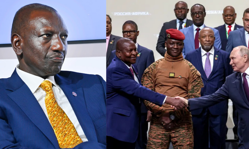 A collage of President William Ruto and Russian President Vladimir Putin alongside African leaders and delegates at the second Russia-Africa summit in Saint Petersburg.