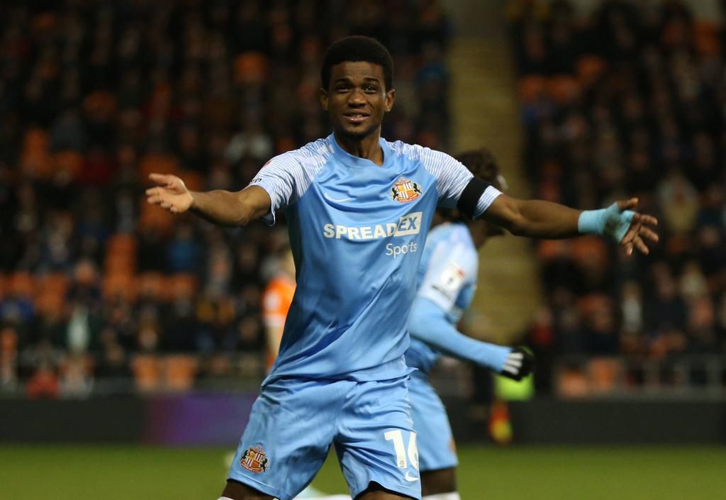 Amad Diallo celebrates after Ross Stewart scored their side s first goal of the game during the Sky Bet Championship match at Bloomfield Road on January 1, 2023.
