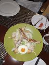 Chicken Ceasar Sala, Chicken Romaine Lettuce, paoched egg Grated parmesan flakes anchorvy  dressing