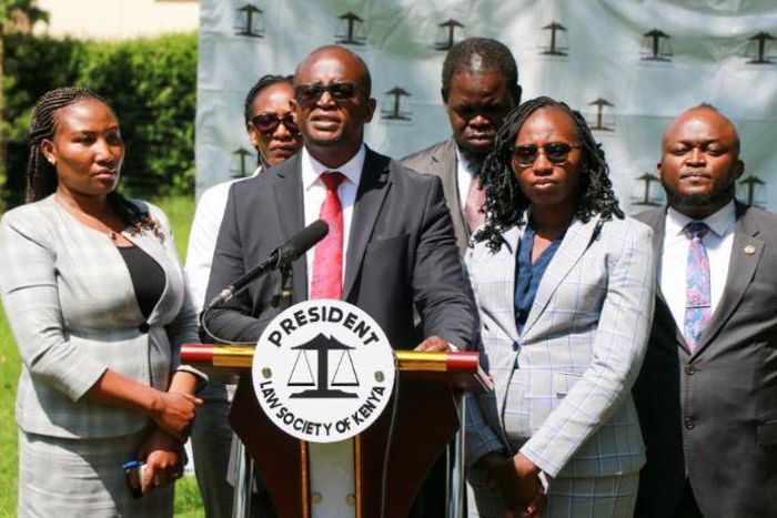 Law Society of Kenya (LSK) President Eric Theuri addressing the press on Sunday, February 11, 2024