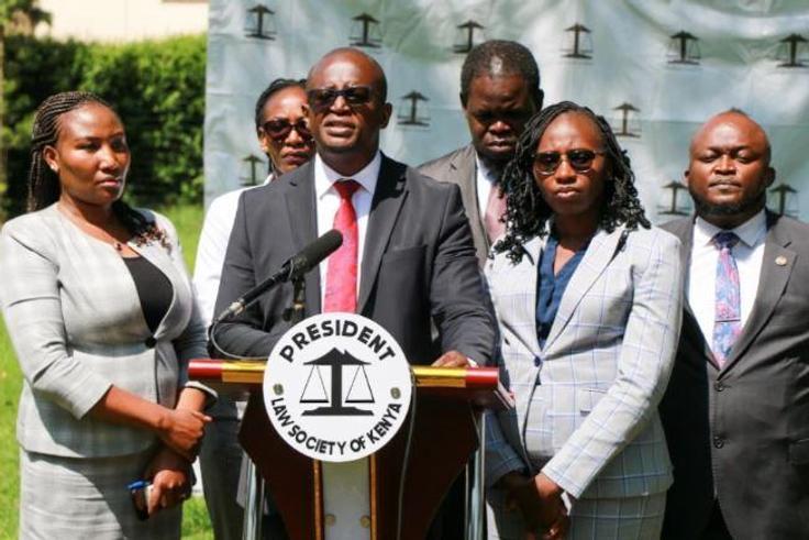 Law Society of Kenya (LSK) President Eric Theuri addressing the press on Sunday, February 11, 2024