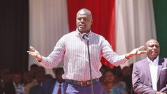 Ndindi Nyoro addressing the congregation when he accompanied H.E William Ruto, DP H.E Rigathi Gachagua, Prime CS H.E Musalia Mudavadi and other leaders for an Interdenominational church Service at Ole Ntimama Stadium, Narok County on January 29 2023