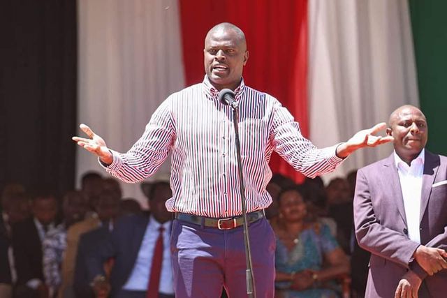 Ndindi Nyoro addressing the congregation when he accompanied H.E William Ruto, DP H.E Rigathi Gachagua, Prime CS H.E Musalia Mudavadi and other leaders for an Interdenominational church Service at Ole Ntimama Stadium, Narok County on January 29 2023