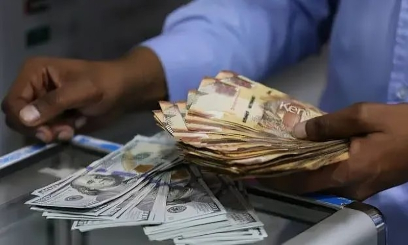 A person with Kenyan currency notes and U.S. dollars