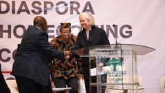 Ambassador of US Meg Whitman greets the Kenya Diaspora Alliance Chairperson Dr Shem Ochuodho at the 10th Kenya Diaspora Alliance Annual Convention.