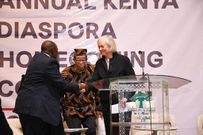 Ambassador of US Meg Whitman greets the Kenya Diaspora Alliance Chairperson Dr Shem Ochuodho at the 10th Kenya Diaspora Alliance Annual Convention.