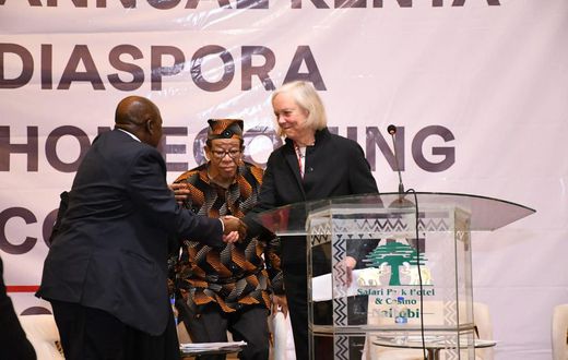 Ambassador of US Meg Whitman greets the Kenya Diaspora Alliance Chairperson Dr Shem Ochuodho at the 10th Kenya Diaspora Alliance Annual Convention.