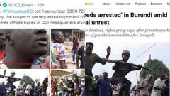 A collage image showing a photo that was used by Aljazeera reporting on protests in Burundi in 2015. The same image (R) as shared by DCI in the hunt for a section of those who took part in Monday protests.