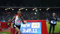 Kenya's Faith Kipyegon setting a new world record during the Wanda Diamond League 2023 Golden Gala on June 2, 2023 at the Ridolfi stadium in Florence, Italy.