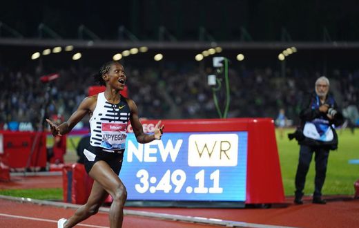 Kenya's Faith Kipyegon setting a new world record during the Wanda Diamond League 2023 Golden Gala on June 2, 2023 at the Ridolfi stadium in Florence, Italy.