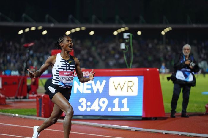 Kenya's Faith Kipyegon setting a new world record during the Wanda Diamond League 2023 Golden Gala on June 2, 2023 at the Ridolfi stadium in Florence, Italy.
