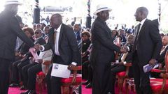 Collage image of former Prime Minister Raila Odinga exchanging greetings with Deputy President Rigathi Gachagua and President William Ruto during the funeral service of the late Mukami Kimathi