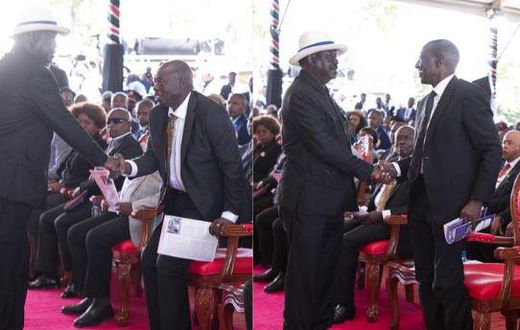 Collage image of former Prime Minister Raila Odinga exchanging greetings with Deputy President Rigathi Gachagua and President William Ruto during the funeral service of the late Mukami Kimathi