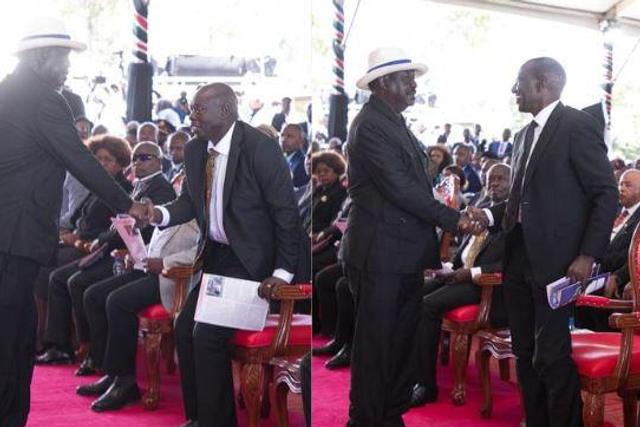 Collage image of former Prime Minister Raila Odinga exchanging greetings with Deputy President Rigathi Gachagua and President William Ruto during the funeral service of the late Mukami Kimathi