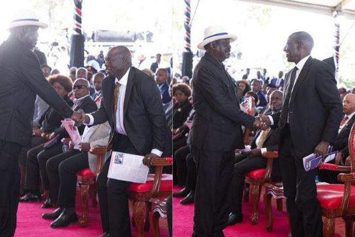 Collage image of former Prime Minister Raila Odinga exchanging greetings with Deputy President Rigathi Gachagua and President William Ruto during the funeral service of the late Mukami Kimathi