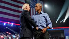 President Joe Biden greets former President Barack Obama during a 2022 midterm campaign rally in Philadelphia.Patrick Semansky/AP