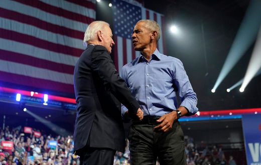 President Joe Biden greets former President Barack Obama during a 2022 midterm campaign rally in Philadelphia.Patrick Semansky/AP