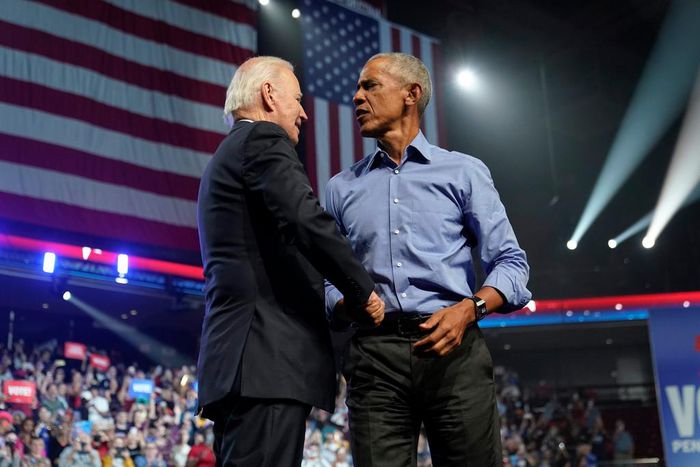 President Joe Biden greets former President Barack Obama during a 2022 midterm campaign rally in Philadelphia.Patrick Semansky/AP