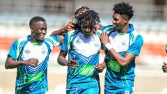 KCB FC's Erick Adem (in dreadlocks) leads teammates in celebrating his goal against Kariobangi Sharks during Football Kenya Federation (FKF) Premier League match between KCB and Kariobangi Sharks at the Moi International Sports Centre, Kasarani on Janu...