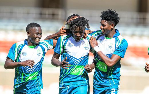 KCB FC's Erick Adem (in dreadlocks) leads teammates in celebrating his goal against Kariobangi Sharks during Football Kenya Federation (FKF) Premier League match between KCB and Kariobangi Sharks at the Moi International Sports Centre, Kasarani on Janu...