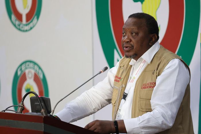 Uhuru Kenyatta speaking in Nigeria, where he is leading the African Union Election Observers' Mission (AUEOM).