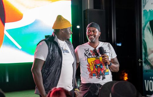 Tosh Gitonga (R) with Terence Creative during the official premiere of the Volume Series at EABL Terence is part of the cast of the series that premiered on Netflix yesterday