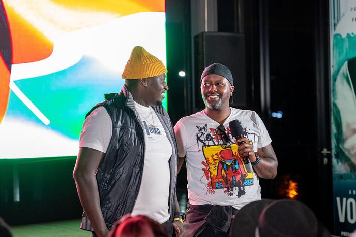 Tosh Gitonga (R) with Terence Creative during the official premiere of the Volume Series at EABL Terence is part of the cast of the series that premiered on Netflix yesterday