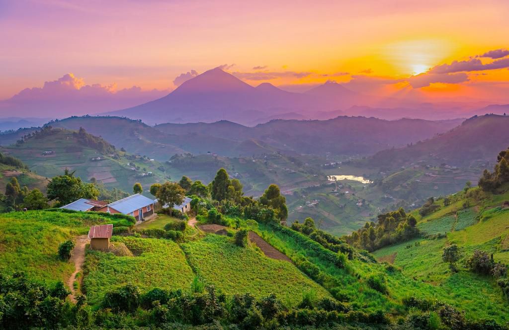 Ugandan village in the mountains at sunset