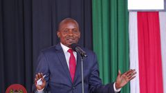 CS Kithure Kindiki speaking during the 3rd regional stakeholders engagement on the fight against illicit alcohol, drugs and other poisonous substances at Kirubia Stadium, Tharaka Nithi County on June 12, 2023