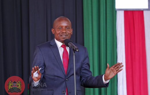 CS Kithure Kindiki speaking during the 3rd regional stakeholders engagement on the fight against illicit alcohol, drugs and other poisonous substances at Kirubia Stadium, Tharaka Nithi County on June 12, 2023