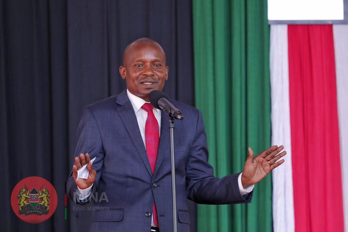 CS Kithure Kindiki speaking during the 3rd regional stakeholders engagement on the fight against illicit alcohol, drugs and other poisonous substances at Kirubia Stadium, Tharaka Nithi County on June 12, 2023