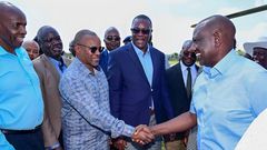 File image of senior government officials receiving President William Ruto during a past visit to Homa Bay