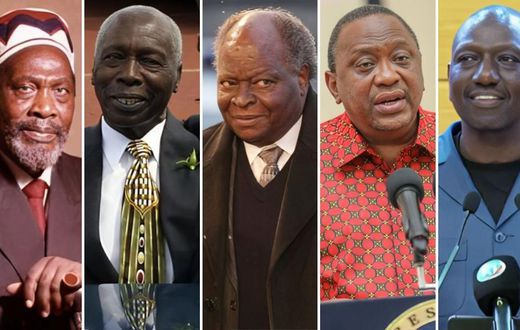 From left: Jomo Kenyatta, Daniel Arap Moi, Mwai Kibaki, Uhuru Kenyatta and William Ruto