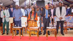 Raila Odinga, Marta Karua, Eugene Wamalwa when they  joined the congregation at Jesus Teaching Ministry in Embakasi for Sunday service.