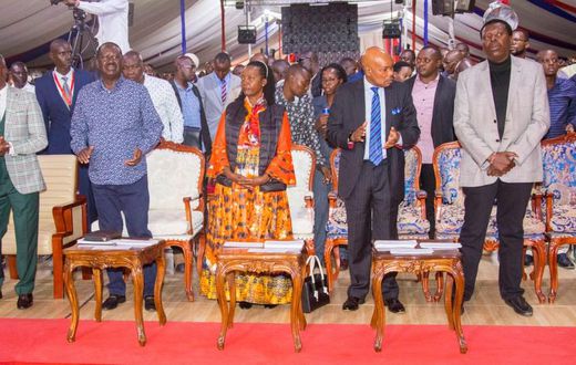 Raila Odinga, Marta Karua, Eugene Wamalwa when they  joined the congregation at Jesus Teaching Ministry in Embakasi for Sunday service.